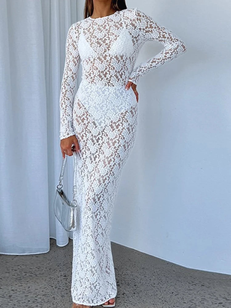Sexy See-through Lace Flower Embroidery Slim Bodycon Long Dress Women Long Sleeved Maxi Dress Evening Club Party Vestidos WHITE