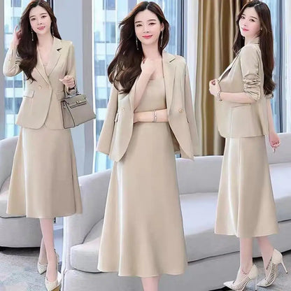 2Pcs/Set Summer Women Suit Dress Outfit Solid Color Mid-length Lady Dress Sets Light Luxury Commute Sling Dress Coat Set