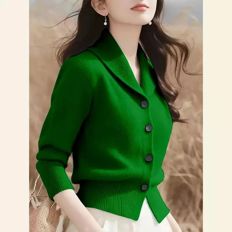 2025 New Spring Autumn Turndown Collar High End Women Knitt Cardigan Sweater Fashion Korean Version Female Knitwear Tops green CHINA