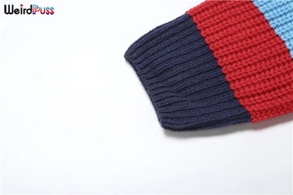 Weird Puss Y2K Cardigan Sweater Women Letter Print Casual Wild V-Neck Button Colorful Patchwork Street Trend Hipster Knit Coat