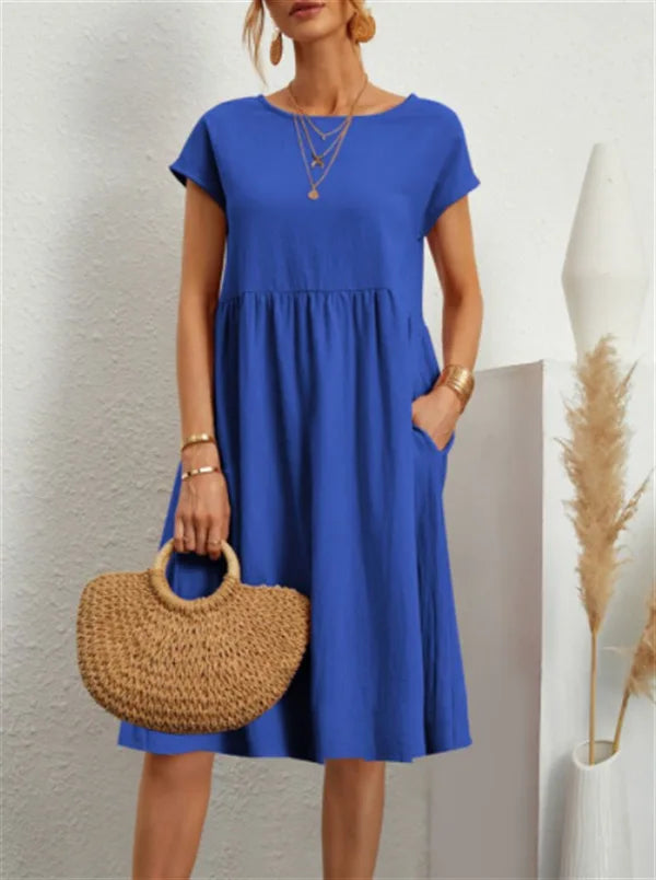 Cotton Linen Dress For Women Summer Casual Splicing Pocket Dresses Vestido Fashion Female Clothing Short Sleeve Loose Midi Dress Blue