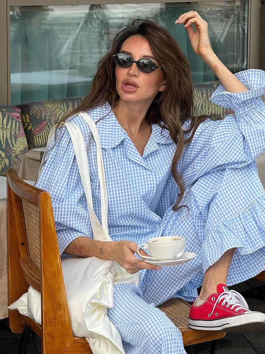 Marthaqiqi Striped Women Pajamas Set Turn-Down Collar Sleepwear Long Sleeve Nightgown Pants Casual Ladies Nightwear 2 Piece Suit