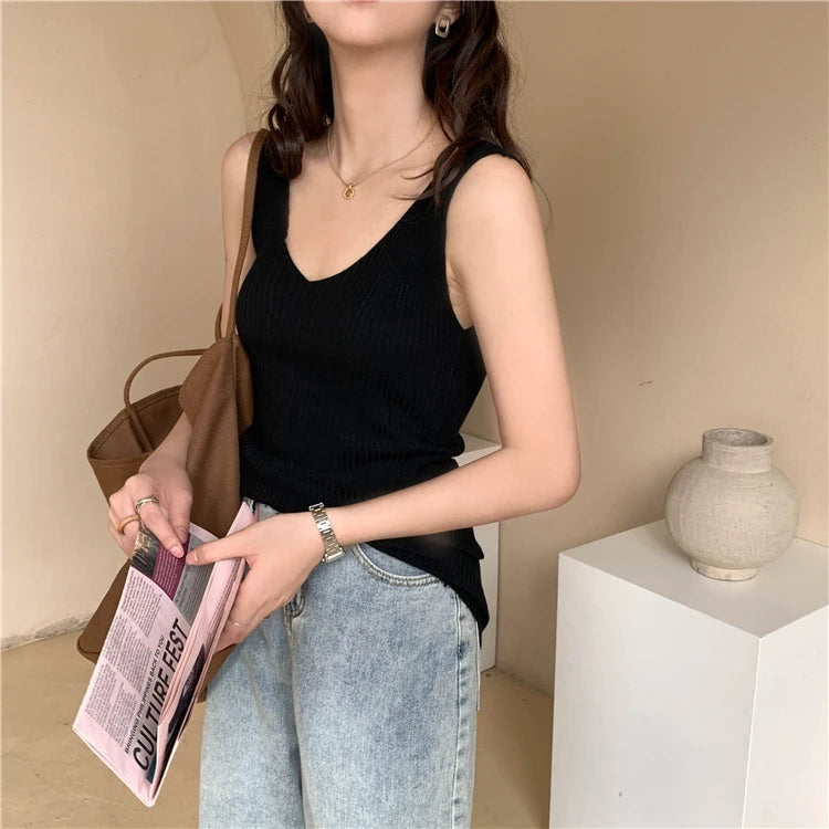 Solid Color Basic Women's Vest Tank Top Solid Color Knitted Tees Top Cropped Top Camisole Sweater V-neck Summer Sleeveless