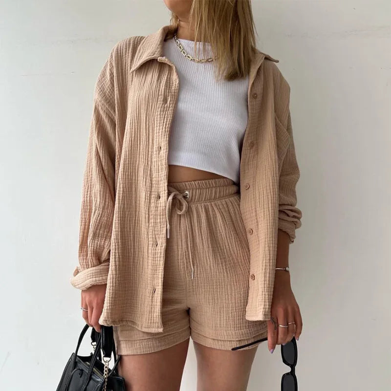 Short Sets Women Tracksuit Single Breasted Cardigan Blouses Two Pieces Shorts Loose Button High Street Solid Pockets Folds