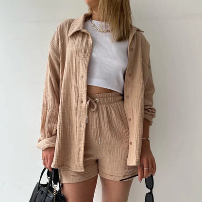 Short Sets Women Tracksuit Single Breasted Cardigan Blouses Two Pieces Shorts Loose Button High Street Solid Pockets Folds