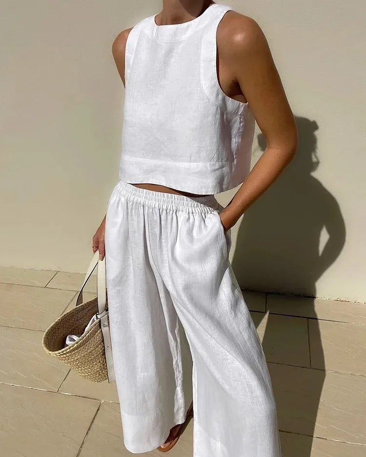 Women's Solid Color Casual Sleeveless Shirt And Pants Two Piece Summer Loose Simple Wide Leg Pants Vest Female 2025