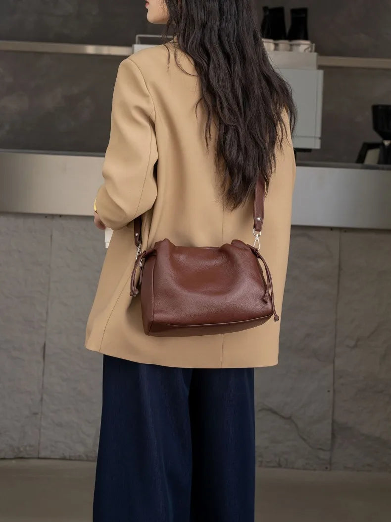 Ladies' New Premium Full-Grain Wrinkled Leather Crossbody Bag - Women's Chic Shoulder Commuter Bag with Organizer Pockets