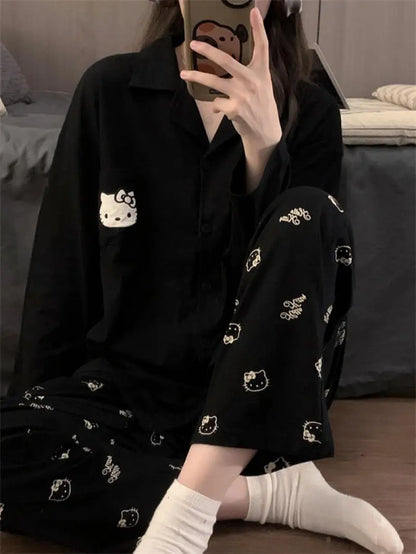 Kawaii Sanrios Hello Kittys Women's Pajamas Set Spring Autumn Anime Cartoon Students Polyester Long Sleeved Girls Nightwear Gift