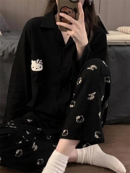 Kawaii Sanrios Hello Kittys Women's Pajamas Set Spring Autumn Anime Cartoon Students Polyester Long Sleeved Girls Nightwear Gift