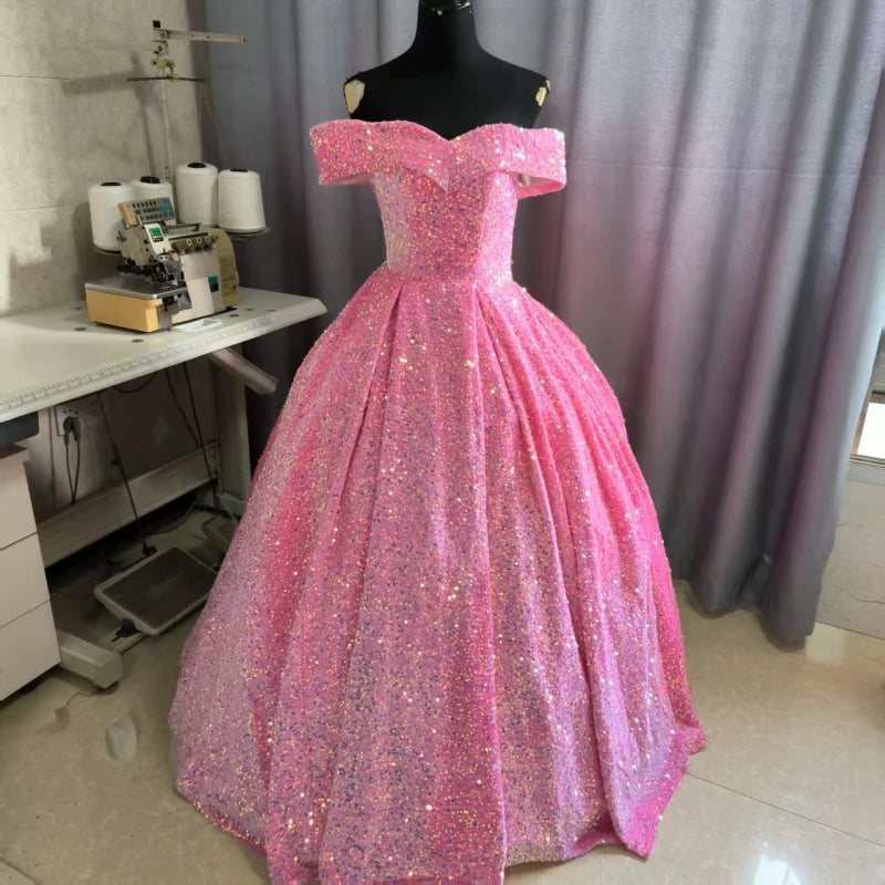Y&M Novias Custom Plus Size Luxury Sequins Bow Off Shoulder Dark Red Quinceanera Dresses 15 Ball Gown For Party Vestido De Noiva Badiee Stylez