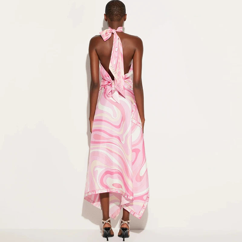 Summer Sexy Print Sleeveless Halter Shirt Skirt Two Piece Set Women Retro Pattern Print Satin Outfit Women Beach Holiday Clothes