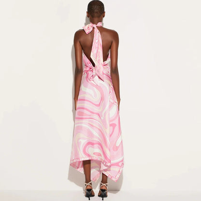 Summer Sexy Print Sleeveless Halter Shirt Skirt Two Piece Set Women Retro Pattern Print Satin Outfit Women Beach Holiday Clothes