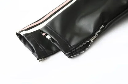 Zekye Vintage Women's Faux Leather Jacket Autumn Winter Lapel Collar Bow Detail Zipper Overcoat Fashionable Outerwear