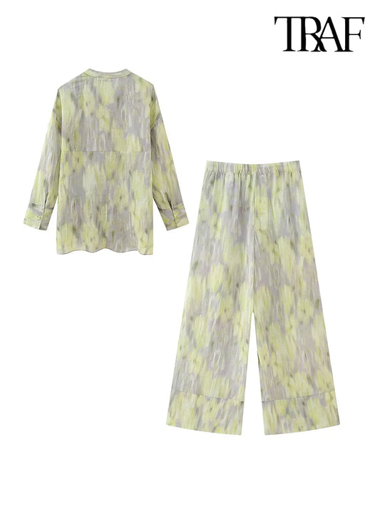 TRAF Women's single-breasted V-neck long-sleeved shirt Drawstring high-waisted wide-legged trousers Retro Printed Cotton Set