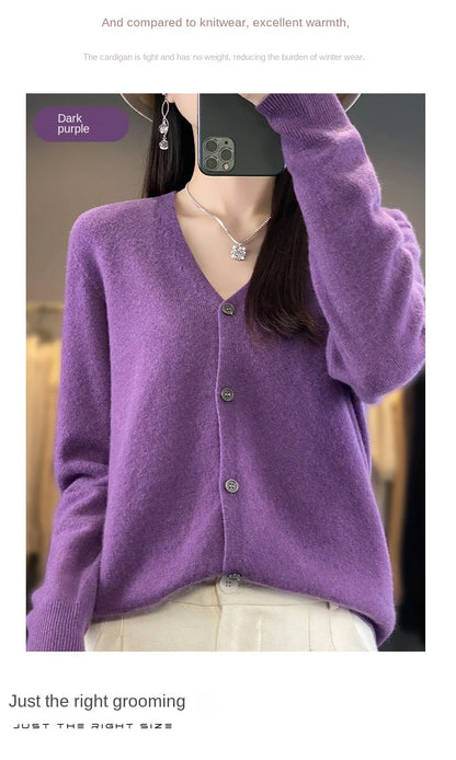 100 Merino Wool Knitted V-neck Sweater Women's Top Loose Korean Version Fashionable Versatile Autumn And Winter Cashmere Sweater