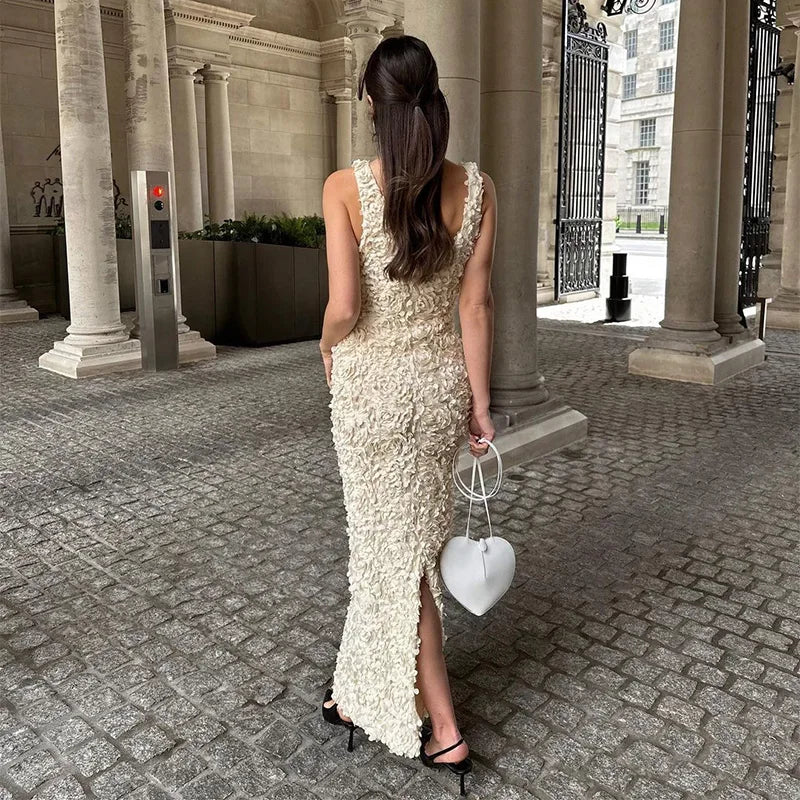 Sexy 3D Flower Deep V-neck Dress Women Slim Sleeveless Backless Split Hip Package Midi Dresses 2025 Spring Ladies New Vestidos