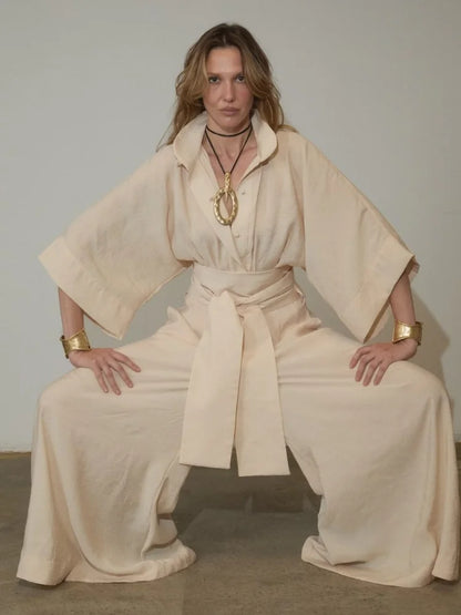 Linen Lace Up Women's Jumpsuit High V-neck Full Sleeve Top Loose Straight-leg Pants 2025 Summer Chic Female Casual Streetwear