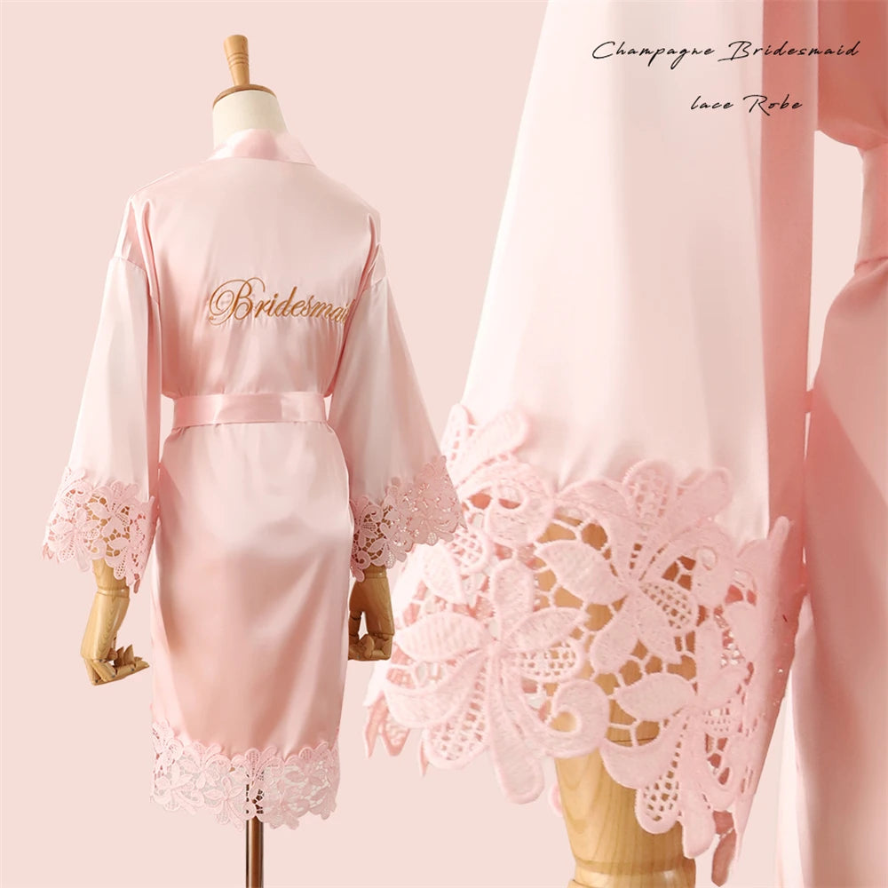 Wedding Embroidery Bride Bridesmaid Kimono Dresses Lace Gown Sexy Women Robes Home Gown Bathrobe Short Night Shirts Sleepwear1PC