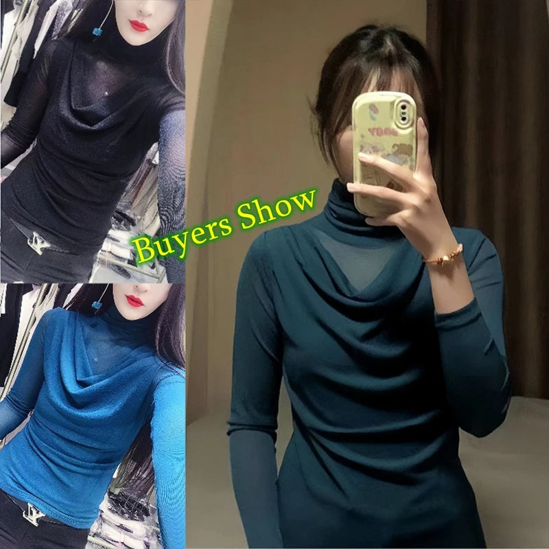 Sexy Mesh Basic T-shirts Women 2025 Fashion Turtleneck Casual Long Sleeve Y2k Tops Korean Clothes Woman Black Winter T Shirt 4XL