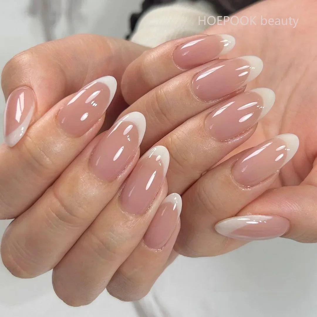 24pcs Nude French Fake Nails White Edge Almond False Nails Art Full Coverage Removable Waterproof Artificial Press on Nail JP2586