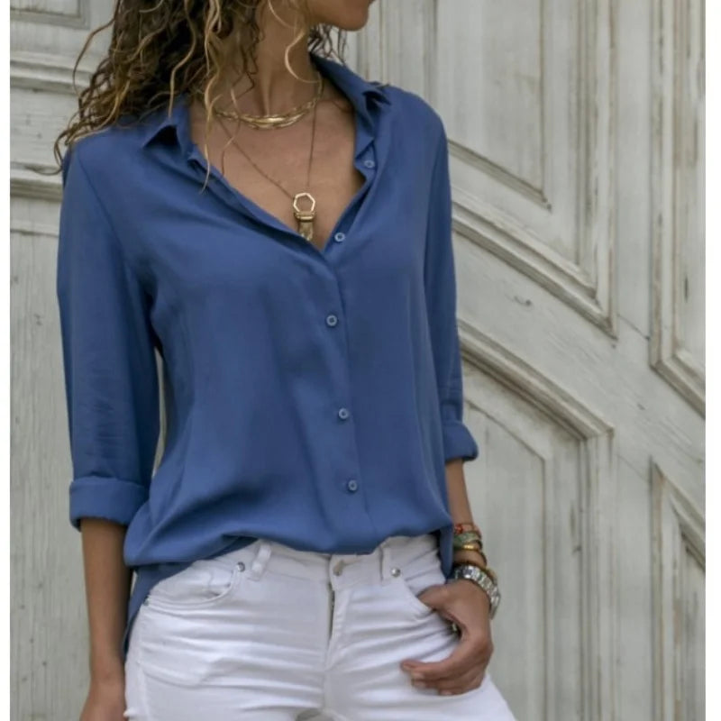Women Elegant Solid Chiffon Blouse Spring Summer Casual Long Sleeve V Neck Loose Shirt Office Lady Tunics Oversized Tops 2023 DEEP BLUE
