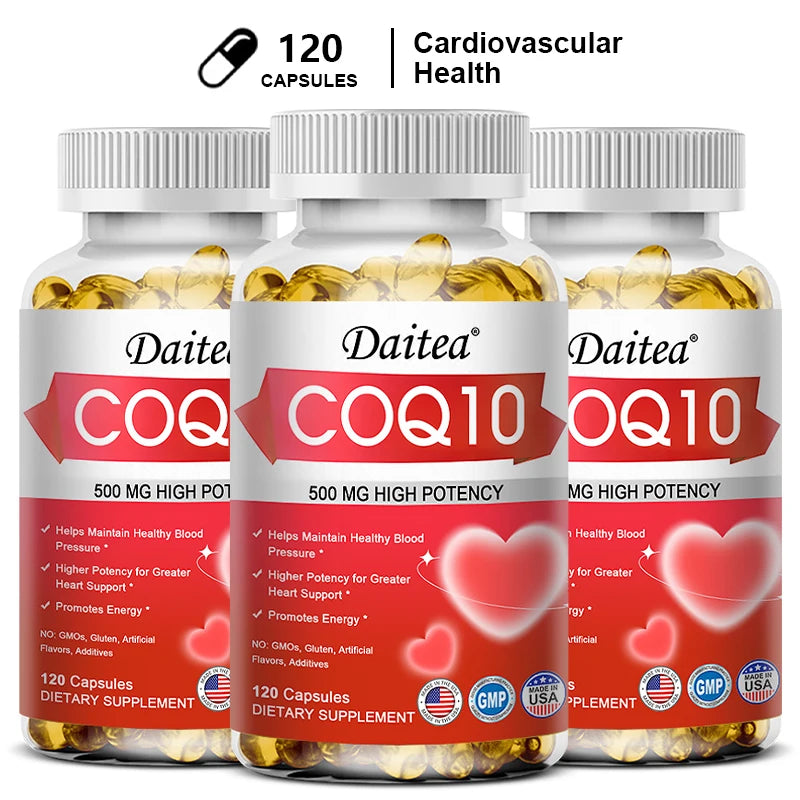 Daitea Coenzyme Q10 - a stable, highly absorbable form - supports energy production and promotes overall health. 120 count-3 bottle
