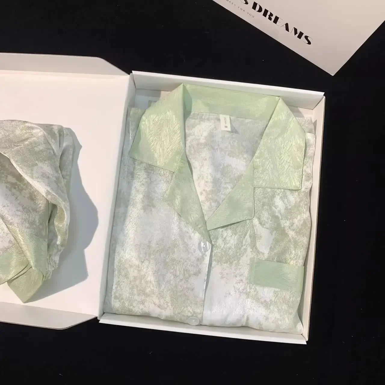 Women's Gray Ink Painting Ice Silk Pajamas Ladies Spring and Autumn Thin Long-Sleeved High-End Sleepwear Loungewear Cherry Print Green