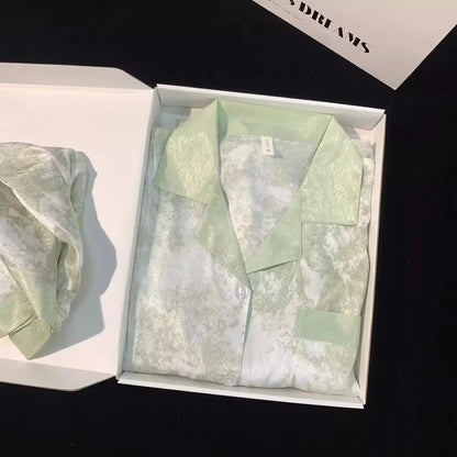 Women's Gray Ink Painting Ice Silk Pajamas Ladies Spring and Autumn Thin Long-Sleeved High-End Sleepwear Loungewear Cherry Print Green