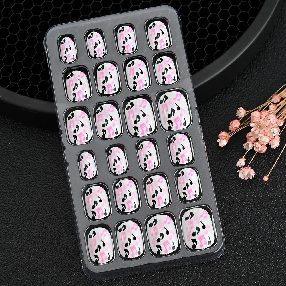 24Pcs Children Cartoon Nail Tips Colorful Cute Rabbit Pink Stars 6-14 Years old Girl Fake Nail With Jelly Glue Kids False Nail TD060-23