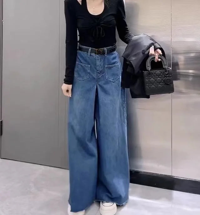 Retro Loose Super Wide-leg Jeans Women's 2024 Spring New Design Rough Edge Culottes Drape Floor Pants Women's Clothing Simple