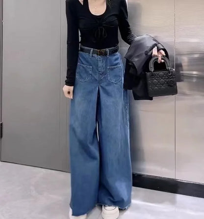 Retro Loose Super Wide-leg Jeans Women's 2024 Spring New Design Rough Edge Culottes Drape Floor Pants Women's Clothing Simple