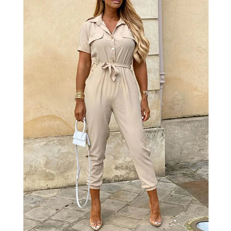 Women's Monochrome Jumpsuit 2024 Spring/Summer Comfortable Casual Flip Collar Printed Belt Work Dress Women's Jumpsuit