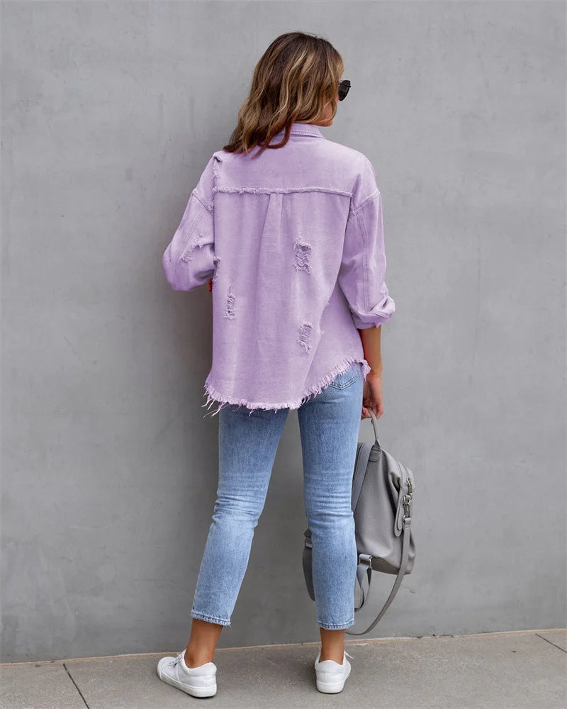 2025 Spring Autumn Shirt Style Denim Jacket Women Holes Raw-edges Jeancoat Casual Tops Female Oversize Loose Outerwear 7 Colors