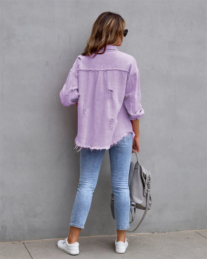 2025 Spring Autumn Shirt Style Denim Jacket Women Holes Raw-edges Jeancoat Casual Tops Female Oversize Loose Outerwear 7 Colors