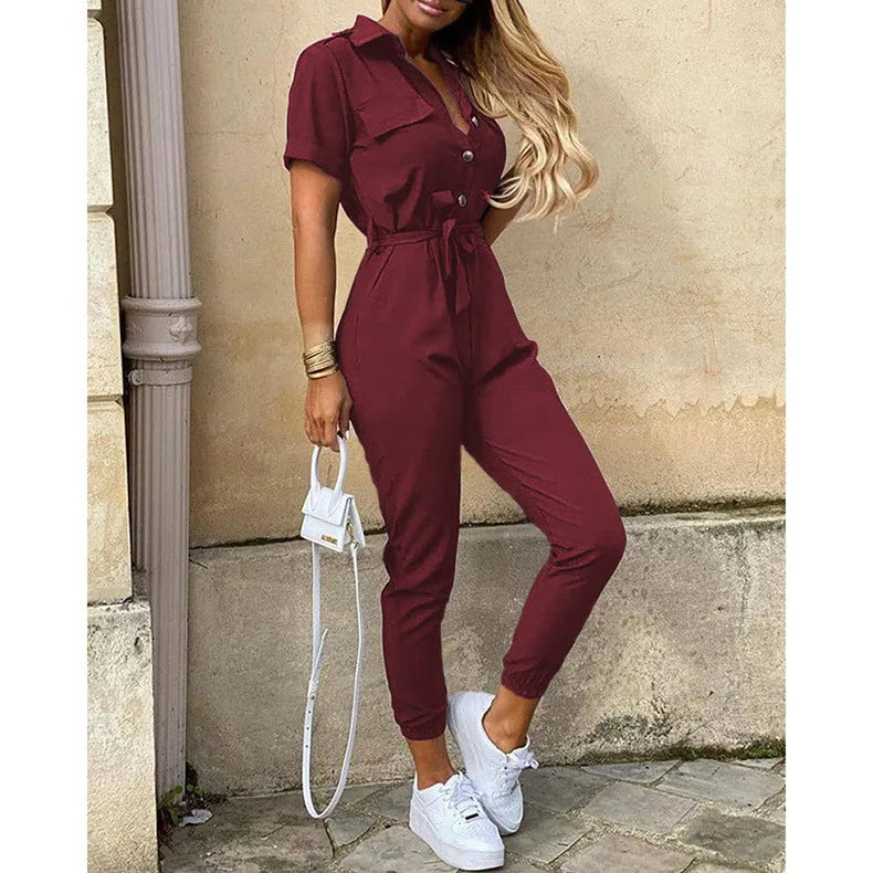 Women's Monochrome Jumpsuit 2024 Spring/Summer Comfortable Casual Flip Collar Printed Belt Work Dress Women's Jumpsuit