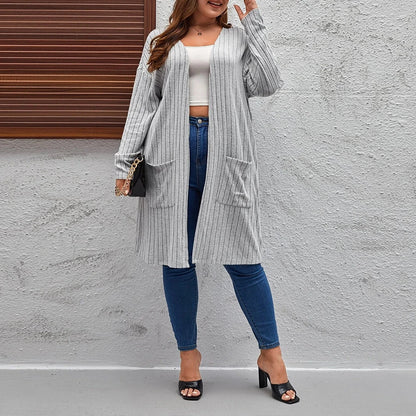 Plus Size Women's Solid Ribbed Long Sleeve Pockets Cardigan Tops Spring Autumn Ladies Casual Coatigan Outwear Size 1XL-5XL