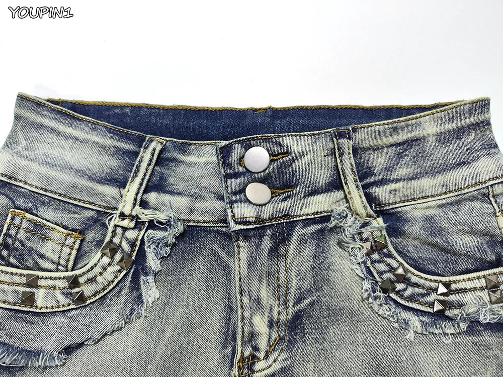 Sexy Low Rise Denim Super Shorts Women's Summer Elastic Slim Skinny Rivet Vintage Blue Short Jeans Y2k Versatile Pants