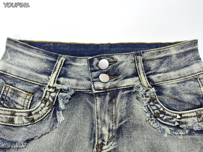 Sexy Low Rise Denim Super Shorts Women's Summer Elastic Slim Skinny Rivet Vintage Blue Short Jeans Y2k Versatile Pants