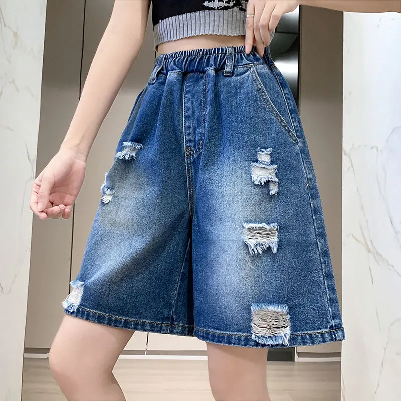 Plus Size Denim Shorts For Women 2024 Summer Wide Leg Loose Blue Jeans Shorts High Elastic Waist Half Length Casual Denim Shorts Blue