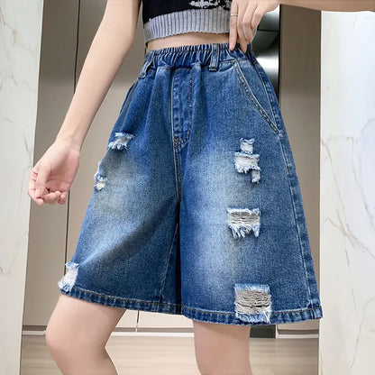 Plus Size Denim Shorts For Women 2024 Summer Wide Leg Loose Blue Jeans Shorts High Elastic Waist Half Length Casual Denim Shorts Blue