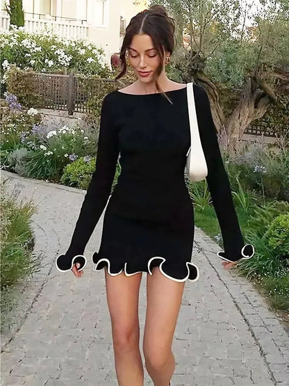 Fashionable women's sexy slim knit dress autumn high waisted party skirt wrapped hip ruffle edge short skirt Badiee Stylez