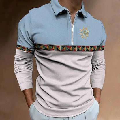 Retro Color Block Men's Polo - Stylish Long Sleeve Golf Shirt with Zipper