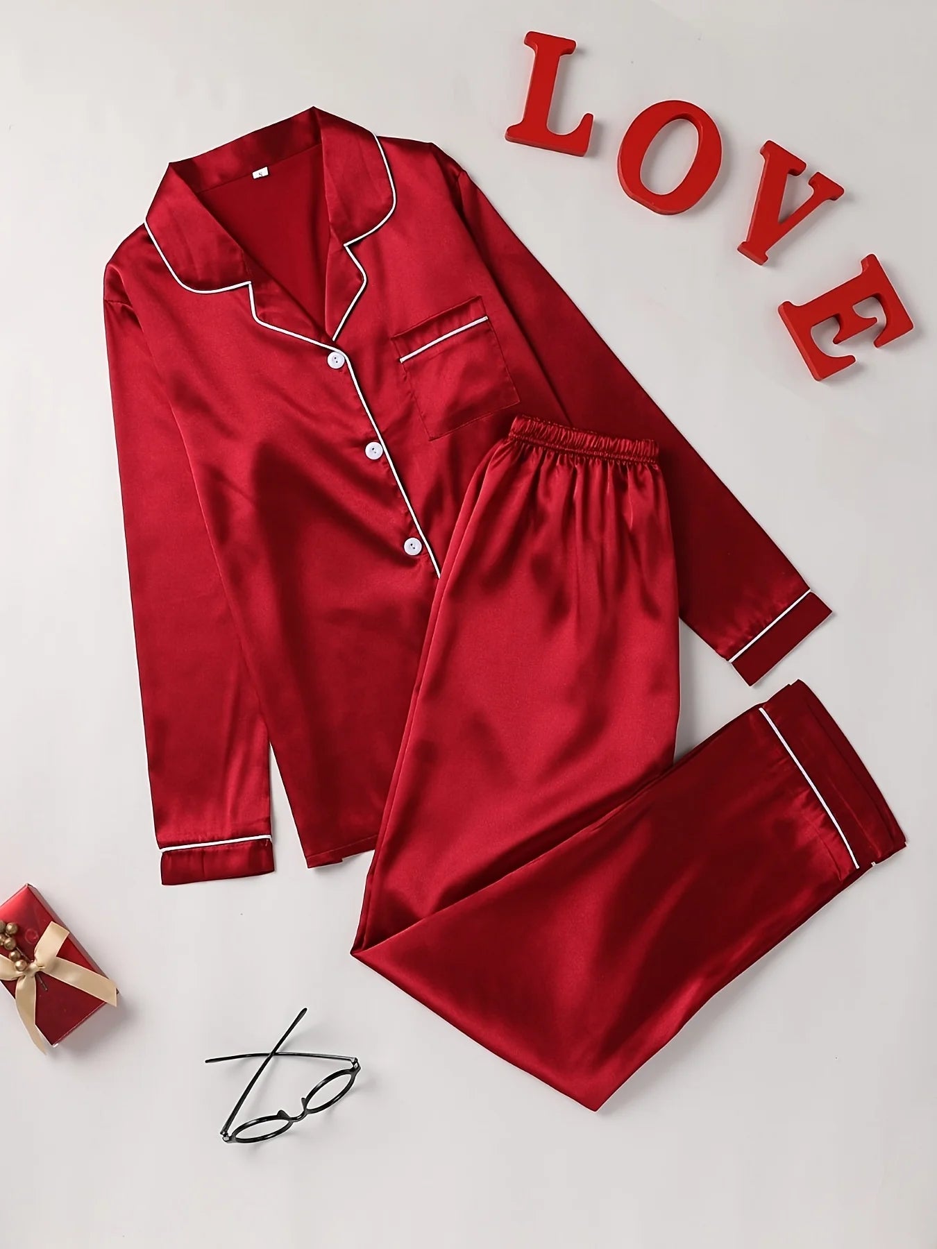 Solid Pajama Set Long Sleeve Button Up Lapel Top & Pants Pj Set Women's Sleepwear & Loungewear Red
