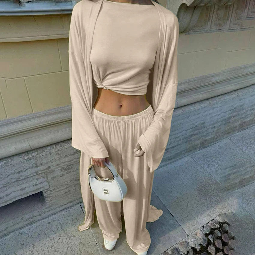 Hiloc Elegant Knit 3 Piece Sets Summer Casual Loose Sleepwear Street Chic Elastic Waist Pants Fashion Long Sleeve Shirts 2025