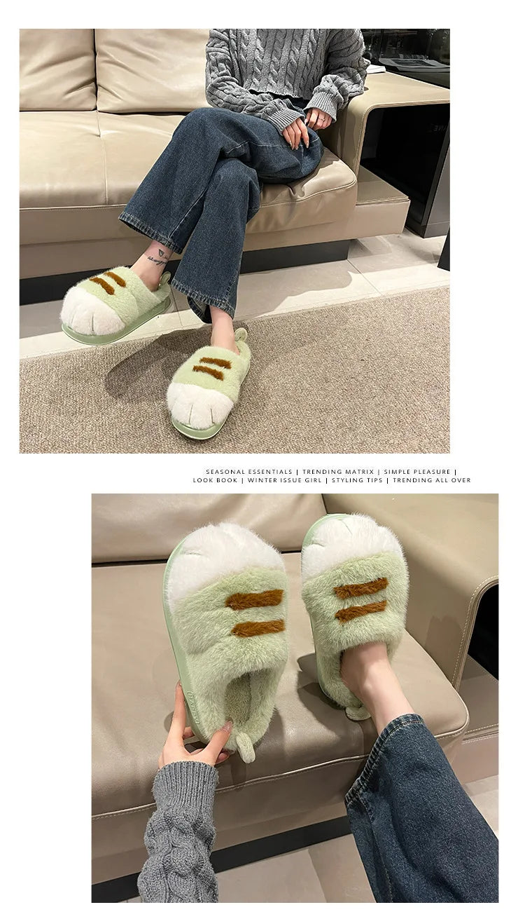 New Adorable Kitty Claw Slippers Women's Home Shoes Non Slip Furry Mules Female Fashion Warm Fluffy Slides Outdoor Cat Slippers Badiee Stylez