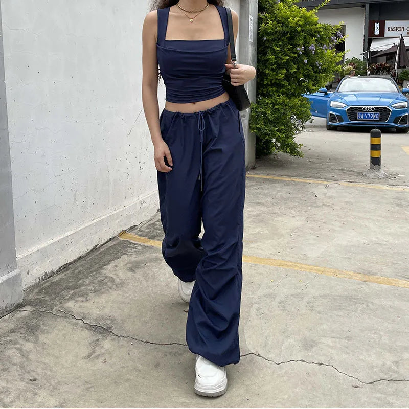 Folds Tanks for Women Solid Elegant Slim Sexy Harajuku Minimalist High Street Y2k Clothes Crop Tops Design