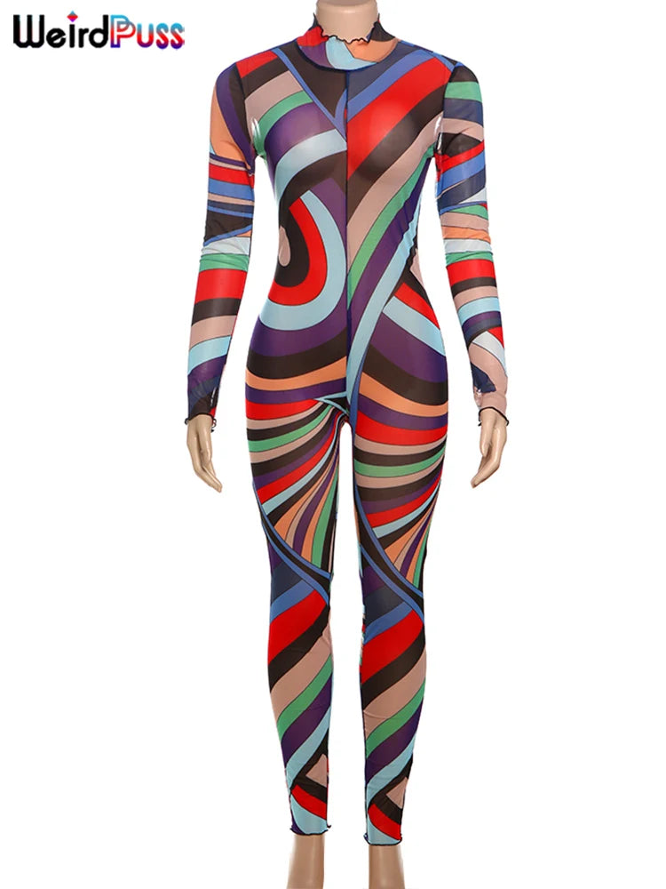 Weird Puss Sexy Colorful Print Jumpsuit Women Zip Y2K Full Sleeve O-Neck Turtleneck Autumn Trend Skinny Stretch Workout Overalls Badiee Stylez