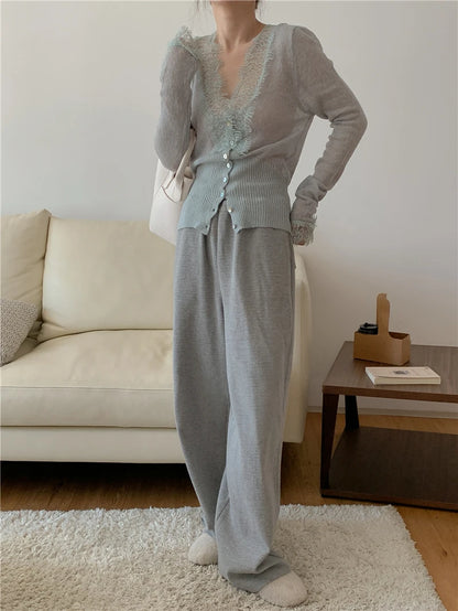 High-fashion Kawaii Botton Up Lace Patchwork Knitted Cardigan Women Autumn Winter Ladies Elegant Vintage Sweater Cheap Wholesale