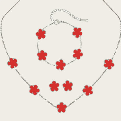 Stainless Steel Sets Earrings Necklace Bracelet Christmas Birthday Gifts Gold Plated Women's Double Sided Flower Elegant Fashion red-silver