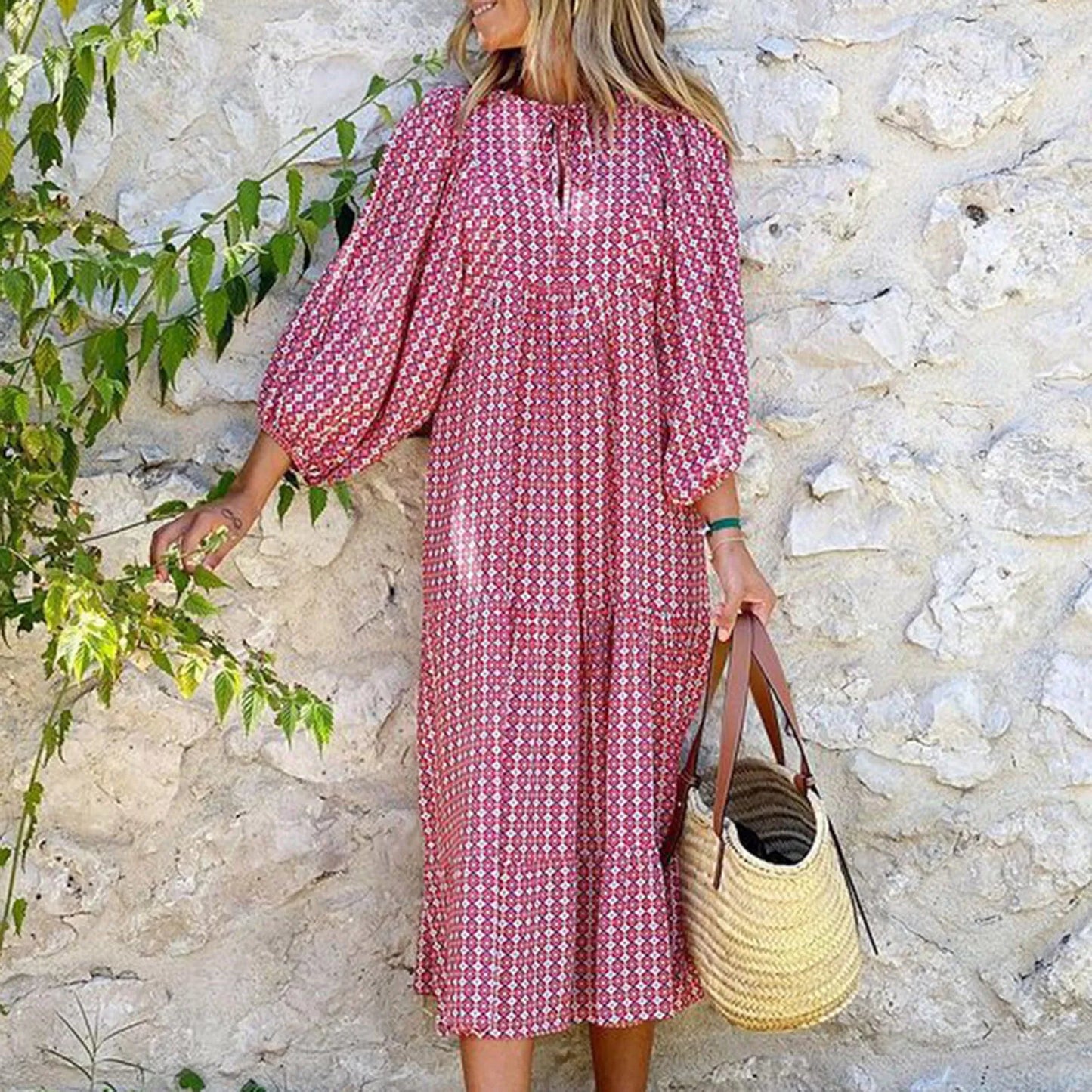 Puff Sleeve Boho Maxi Dress Elegant Women Summer 2022 Casual Floral Drawstring V-Neck Loose Holiday Beach Dresses Party Vestidos Badiee Stylez